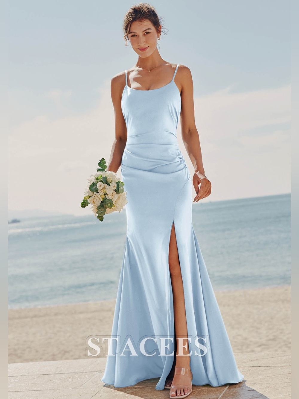 Stacees- Light Blue Spaghetti-Strap Mermaid Dress with Front Slit
